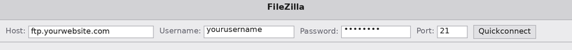 FTP client connection bar with Host, Username, and Password fields