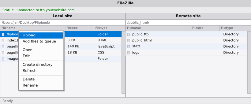Uploading flipbook files from local to remote server via FTP