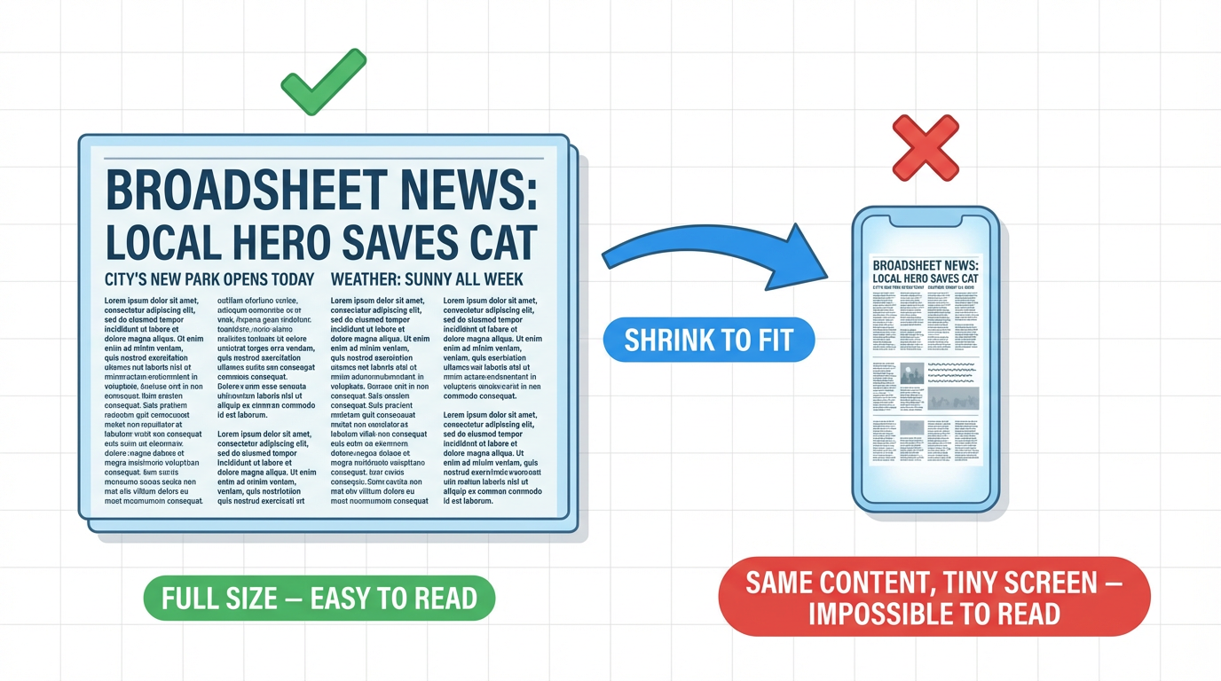 Vector graphic showing a full-size newspaper shrunk to fit a phone screen, making the text impossible to read