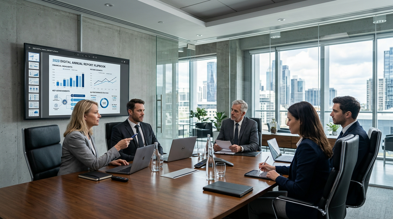 Corporate boardroom with a digital annual report