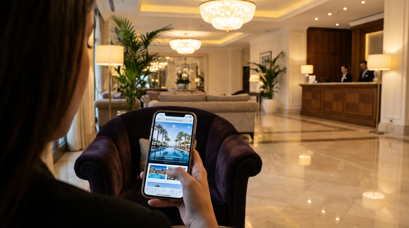 Hotel guest viewing a digital brochure on phone