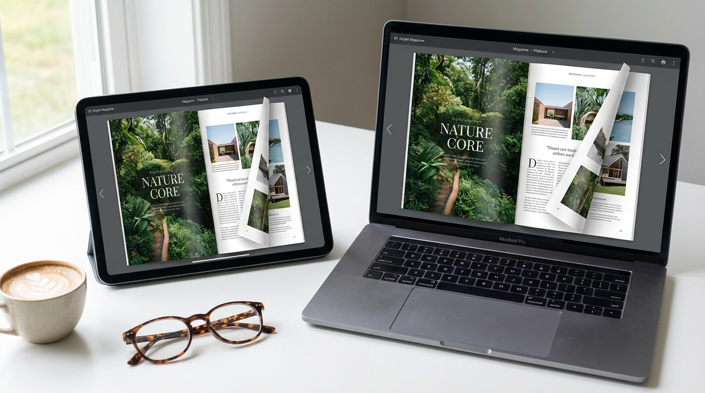Digital magazine on tablet and laptop