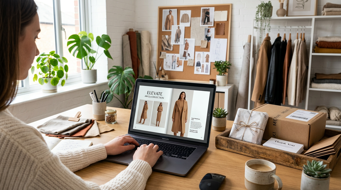 Product catalog displayed on laptop in retail setting