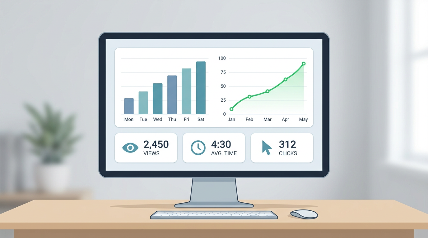 Flipbook analytics dashboard showing views, time spent, and click data
