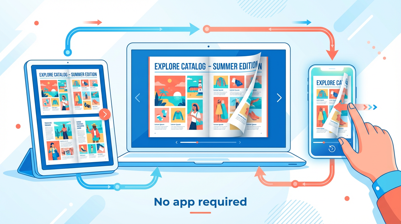 Flipbook displayed across laptop, tablet, and phone — no app required