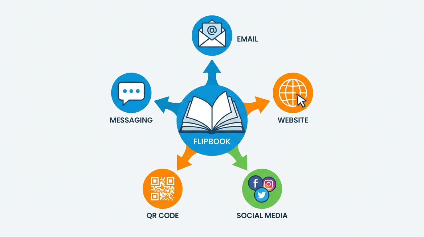 One flipbook distributed across email, website, social media, QR codes, and messaging
